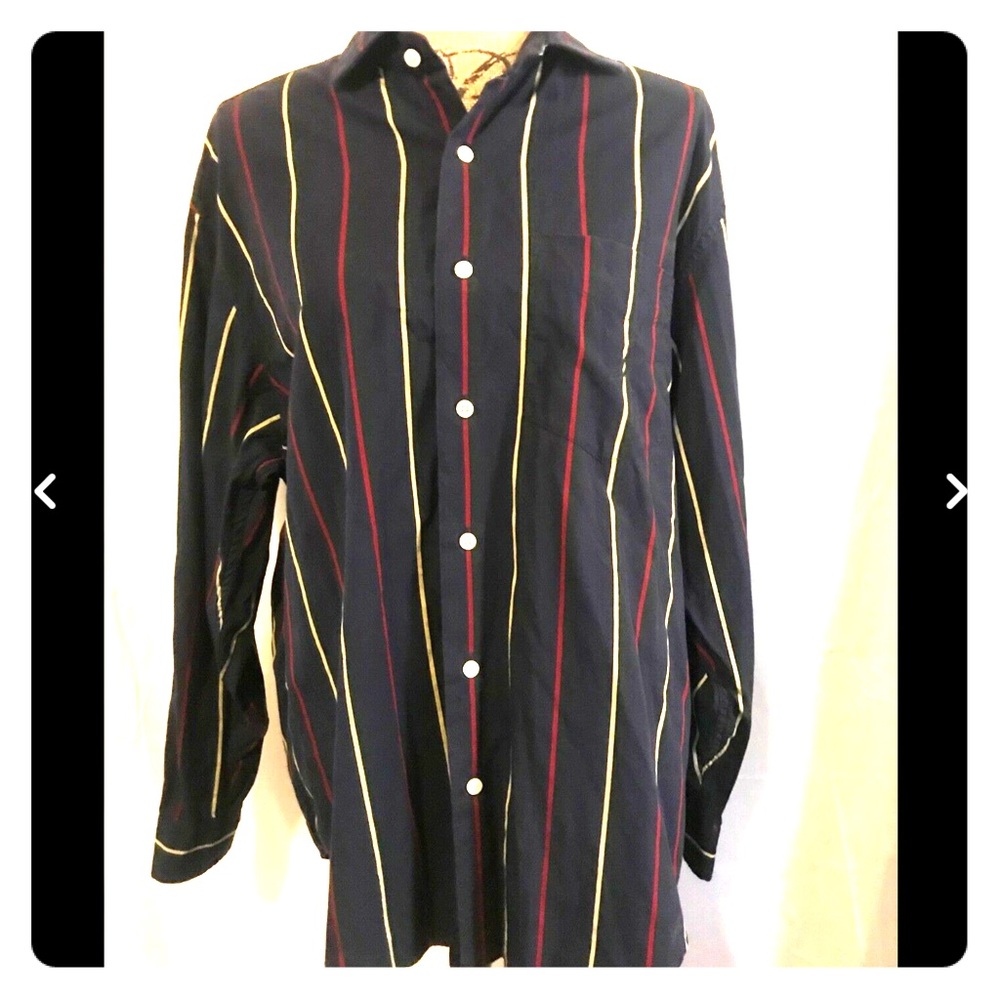 Nautica Navy Blue Striped Button Down Shirt Cotton